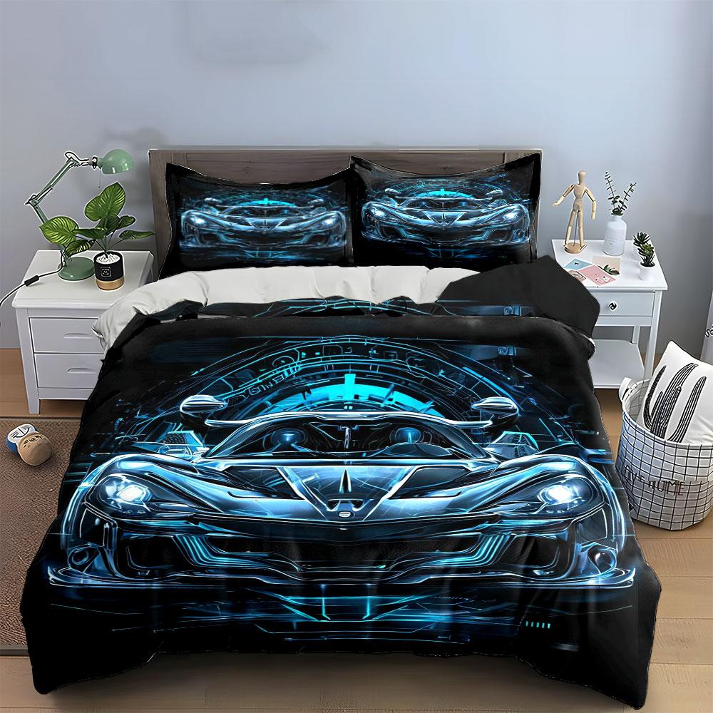 Cyberpunk Neon Blue Hypercar Bedding Set, Futuristic Tunnel Glow Sports Car Front View Print Metallic Cool Microfiber Bed Cover