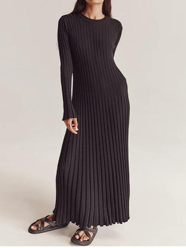 Сплошное цветное вязаное платье с круглым вырезом и длинными рукавами, женское плиссированное тонкое белое длинное платье, женская офисная уличная одежда, Vestido