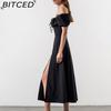 BITCED Весенне-летнее длинное платье женское повседневное с рукавами-буфами, завязкой на талии и разрезом