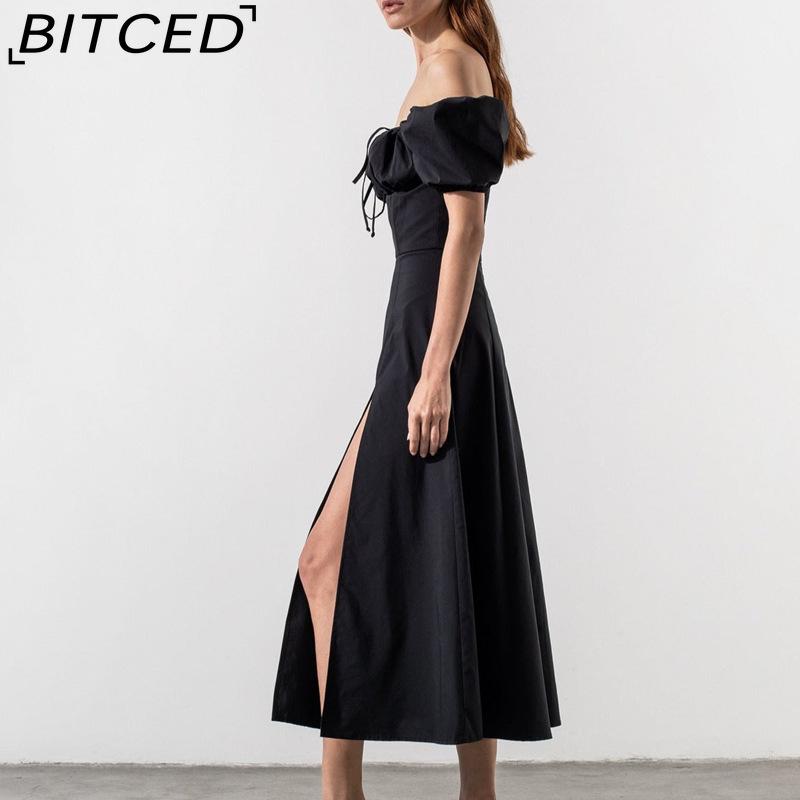 BITCED Весенне-летнее длинное платье женское повседневное с рукавами-буфами, завязкой на талии и разрезом