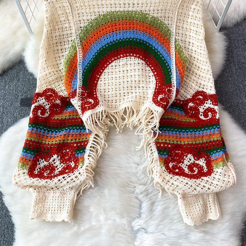 Autumn and Winter Lantern Long-sleeved Crochet Hollow Knitted Sweater Design Sense Tassel Outer Blouse Round Neck Loose Stacked Top