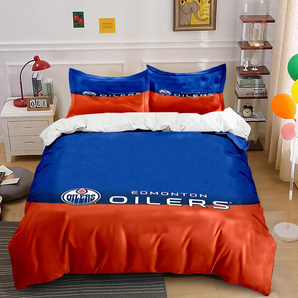 Edmonton Oilers Blue and Orange Bedding Design Print Bedding Set Duvet Cover Pillowcases (1* Duvet Cover 2* Pillowcases Do Not Include Comforter)