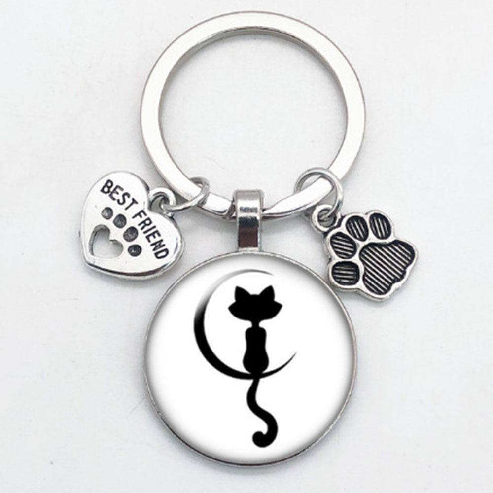 Love Cat Pet Footprints Car Key Chain Cartoon Key Holder Fashion Glass Cabochon Key Ring Men Women