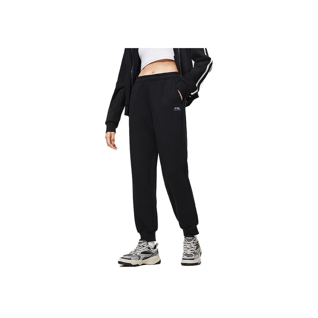 Li Ning Sports Lifestyle Series Solid Color Mid Waist Tapered Drawstring Knitted Pants Women Pants Black AKLU032-2