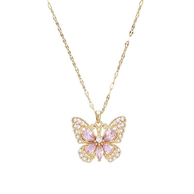 Light Luxury Design Pink Zirconium Butterfly Necklace Women'S Simple Ol Versatile Pearl Pendant Jewelry