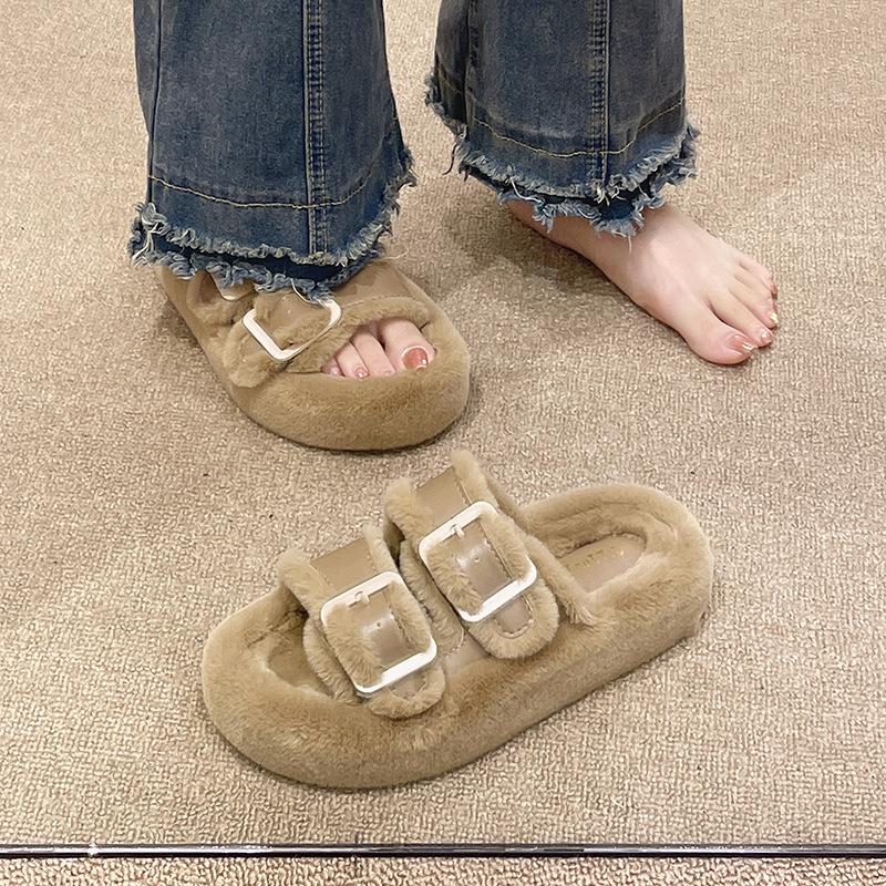 2025 Winter Warm and Velvet Outer Wear Fluffy Slippers Women's Versatile Thick Bottom Comfortable One-character Cotton Slippers