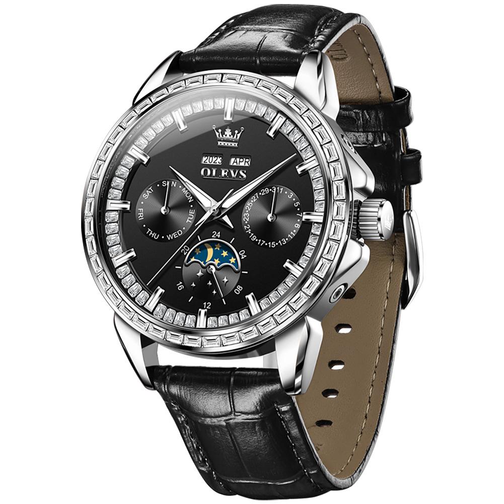 OLEVS Luxury Automatic Men Watch Rose Gold Crystal Bezel Moon Phase Brown Leather Strap Multifunction Male Wristwatch Gift
