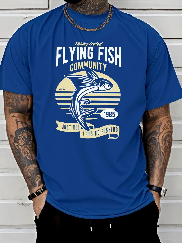 Unisex Black Tee Vintage Flying Fish Fishing Retro Art Print Short Sleeve Loose Casual Basic Top For Adult Male Daily Wear Outfit