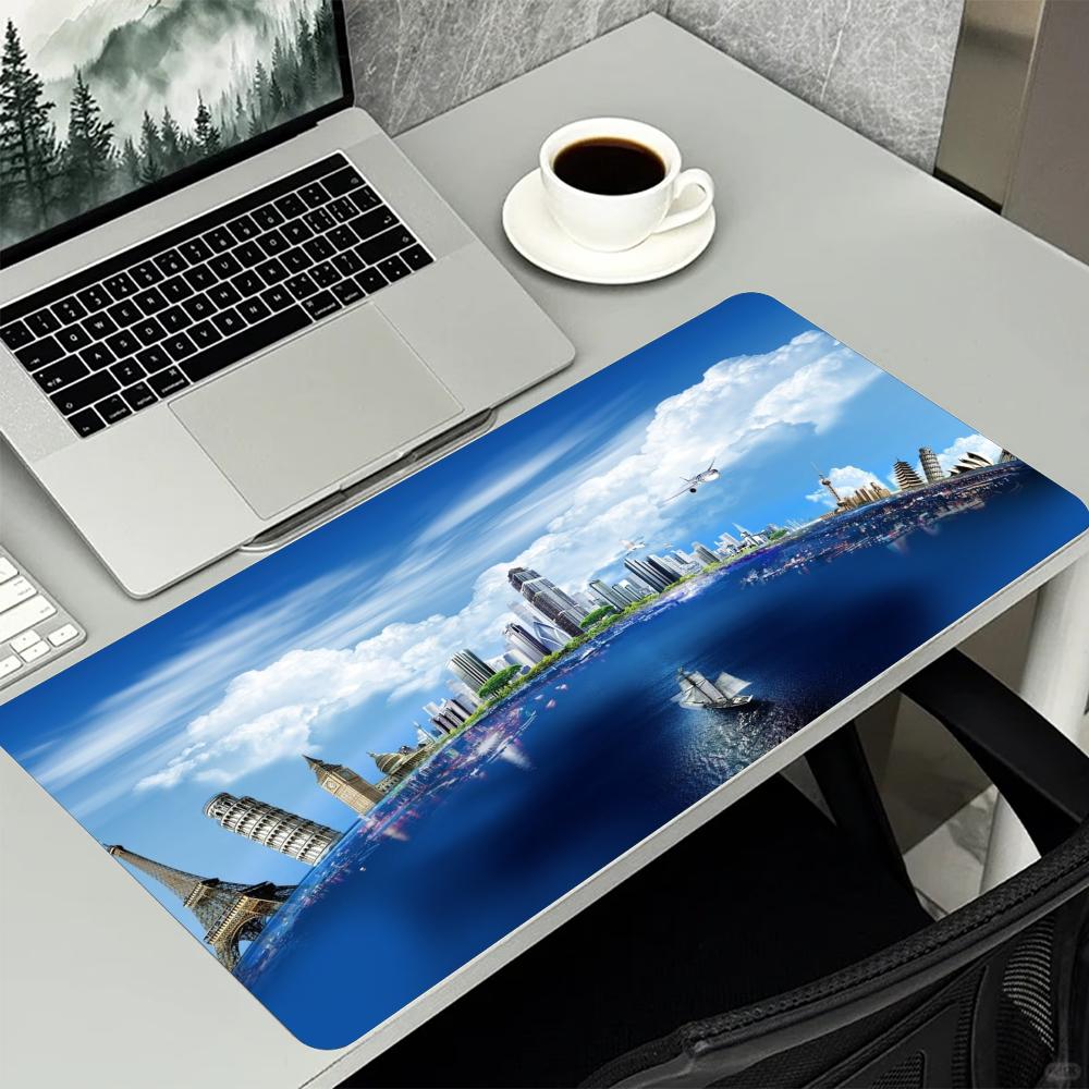 Extra Large Deskmat World Map Earth City Print Stitched Border Anti‑Slip Rubber Base Smooth Mat For Gaming Home Office Table