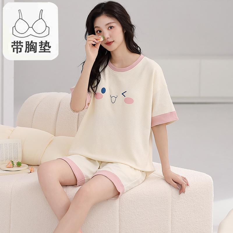 Пижама женская из чистого хлопка с короткими рукавами, студенческий пуловер с рисунком из хлопка, корейская версия, женская домашняя одежда