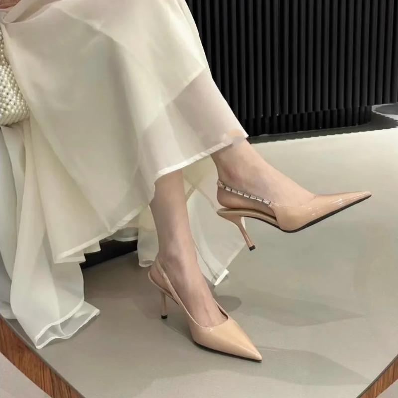 Fashion Shiny High Heels Slingback Silver Women Pumps Metallic Crystal Sandals Pointy Toe Stiletto Heeled Shoes Party Dress Shoes Woman