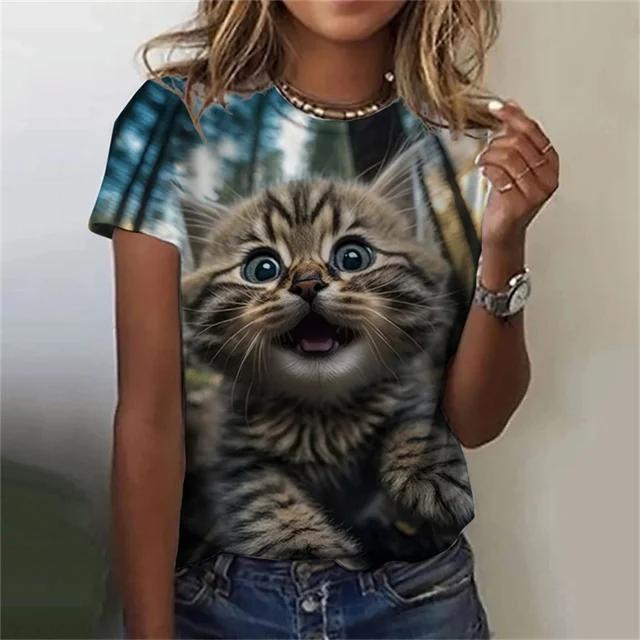 Модная женская футболка с 3D принтом Kawaii Cat Pattern, топ с короткими рукавами и круглым вырезом, летняя уличная повседневная уличная простая одежда