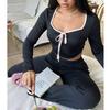 Spring Autumn Women Cardigan Sleepwear Solid Bow Trim Pajamas Set Casual Sexy Crop Tops and Long Trousers Loungewear Nightwear