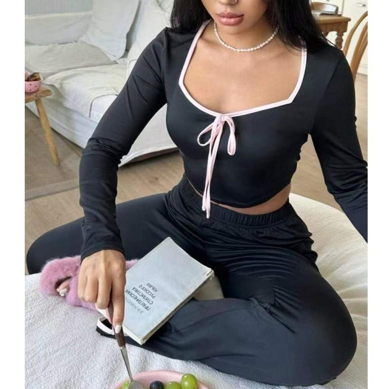 Spring Autumn Women Cardigan Sleepwear Solid Bow Trim Pajamas Set Casual Sexy Crop Tops and Long Trousers Loungewear Nightwear