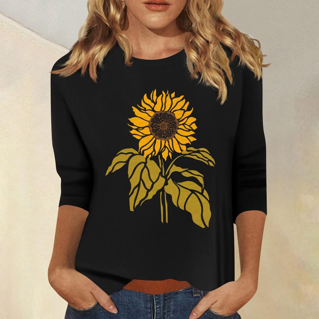 Women's Fashion Casual Printed Seven Sleeve Round Neck Top