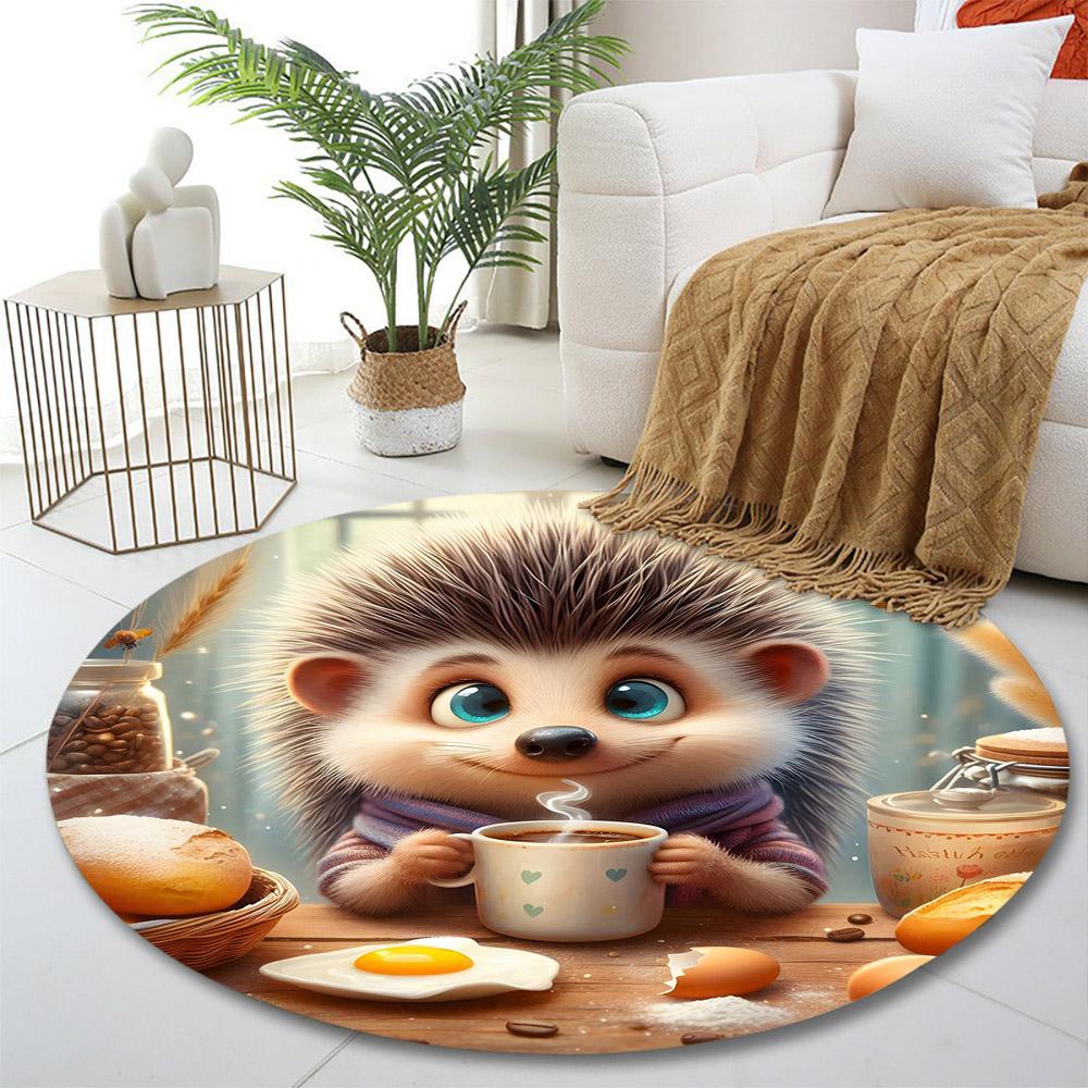 Cute Hedgehog at Cozy Breakfast Table Print round rug, living room, bedroom, playroom carpet, non slip floor mat, gift