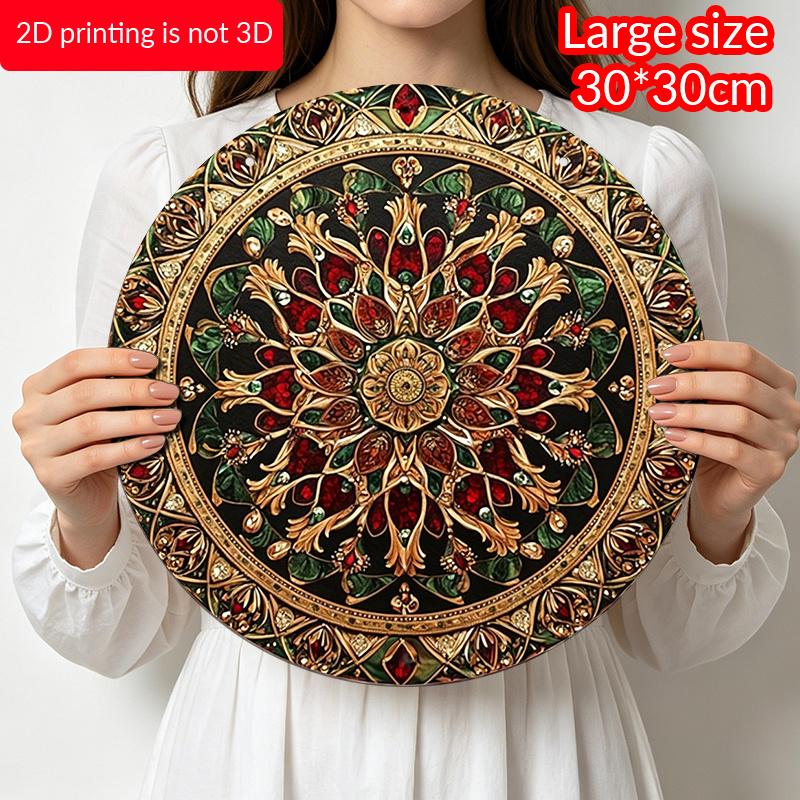 2D Flat 1pc, Vintage Gold Red Gem Mandala Floral Ornate Style, Circular Metal Wall Hanging Decor For Farmhouse Living Room Bohemian Porch Indoor