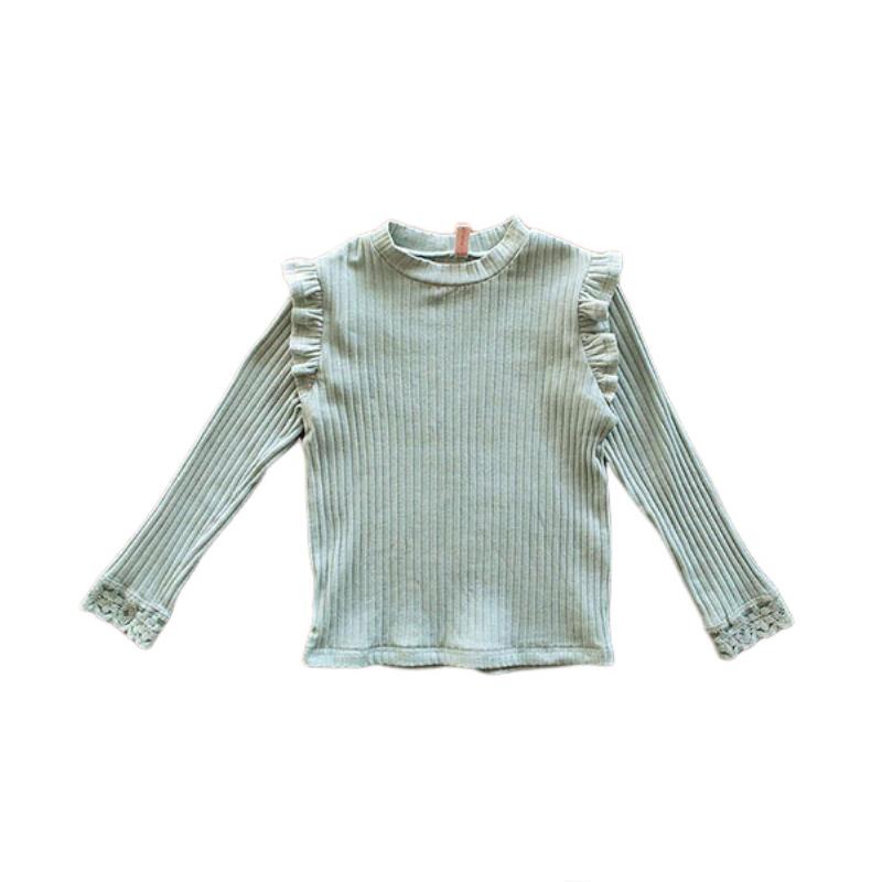 2024 весенняя футболка с длинными рукавами для девочек, детская трикотажная нижняя рубашка в рубчик, кружевная облегающая футболка с круглым вырезом для детей