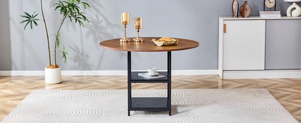 Round Dining Table with 107 cm Diameter and Double Shelf in Walnut Look, MDF Top + Metal Frame, Suitable for 2–4 People, for European Family Meals.