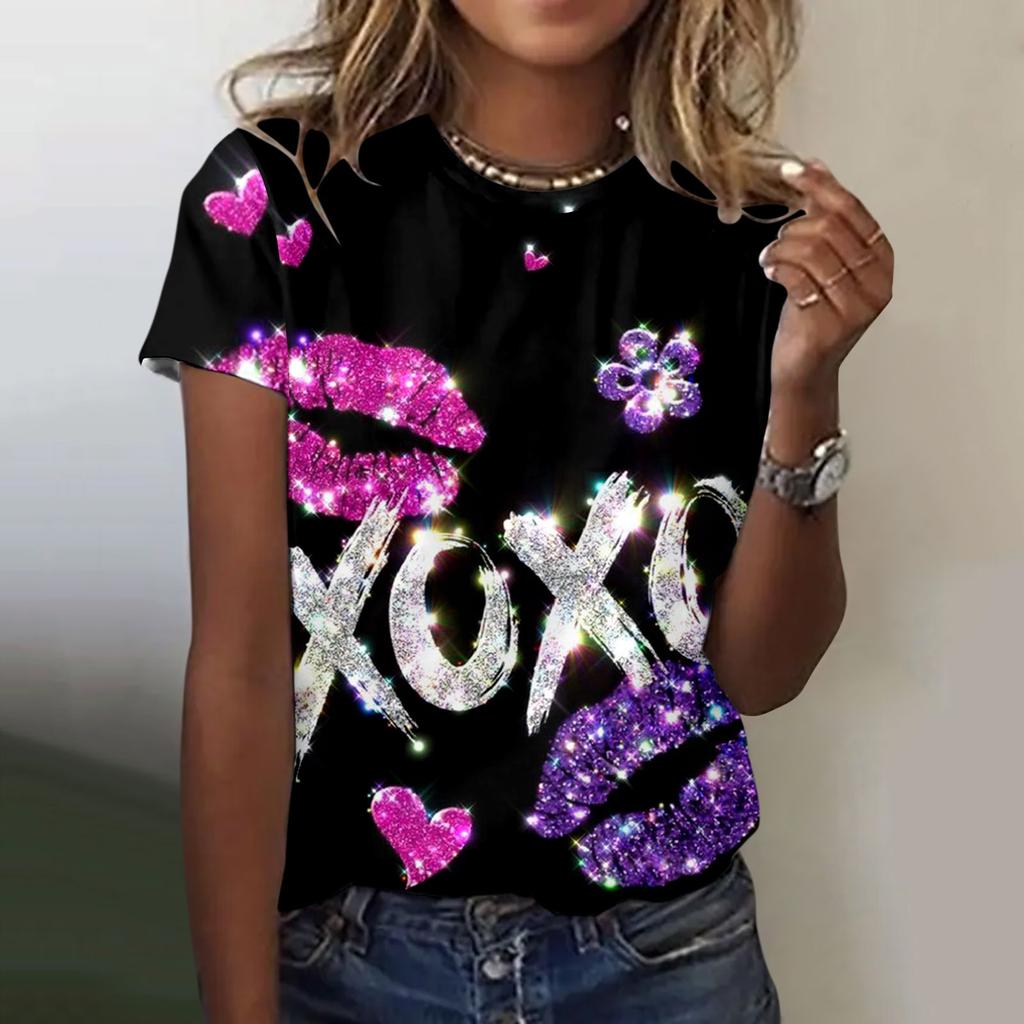 Женская футболка Летний топ с круглым вырезом 3D Красная футболка ко Дню Святого Валентина Модная футболка Универсальная женская большого размера с коротким рукавом