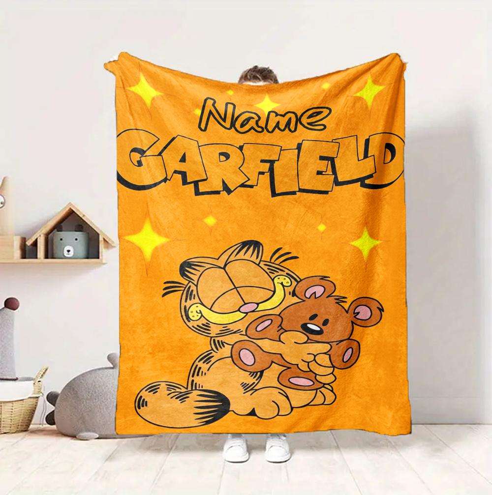 Custom Name Garfield Hug Flannel Blanket Throw Blanket Soft Warm Sofa Bed home Decor Unique Gift