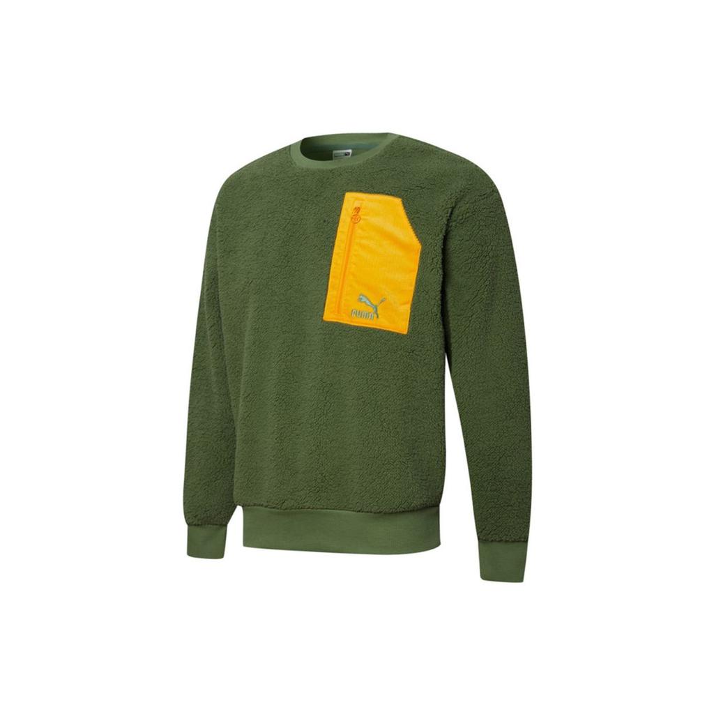 Puma Retro Crewneck Sweatshirt With Contrast Pocket And Faux Shearling Men Tops Dark-Green 534814-67