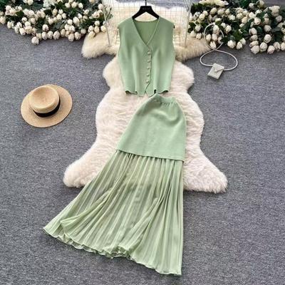 Женский костюм Комплект из двух предметов Без рукавов Короткий топ Плиссированная юбка Западный стиль Повседневная одежда для работы