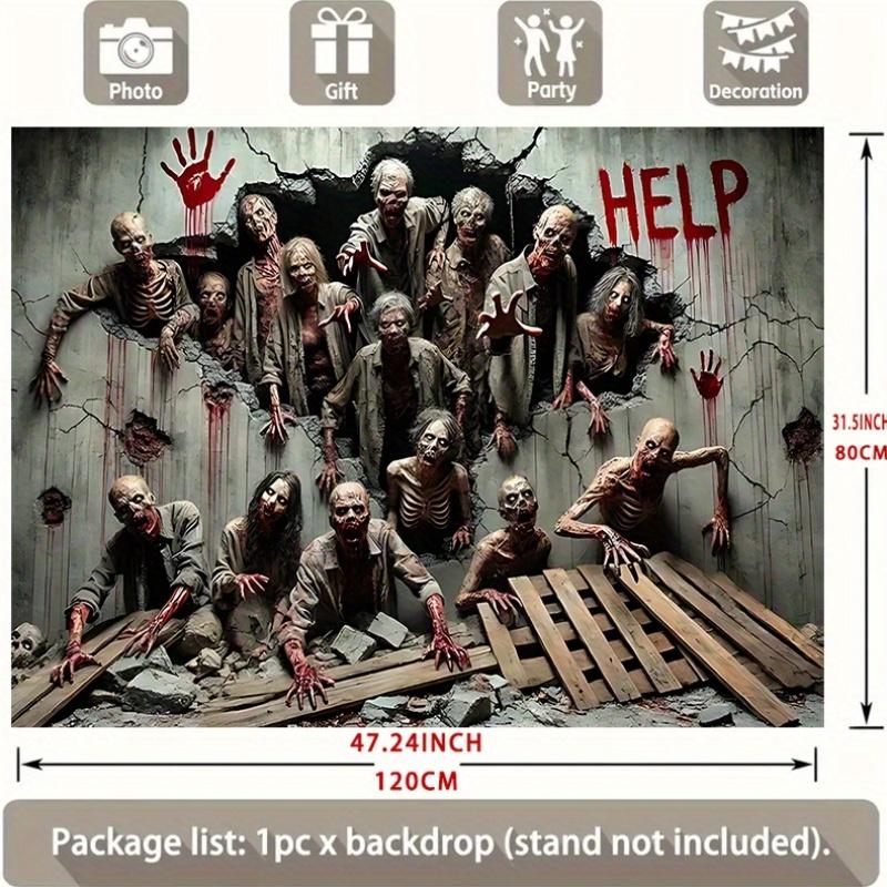 2D Flat Party Backdrop Banner - Halloween Zombie Breaking Through Wall with Blood & Concrete, Polyester Photo Background for Party & Photography