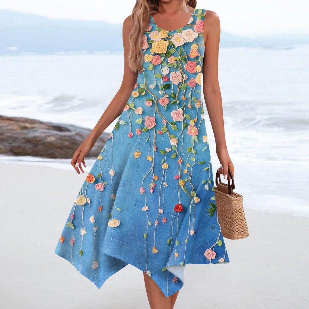 Женское повседневное модное платье средней длины с круглым вырезом без рукавов с винтажным цветочным принтом и неровным подолом