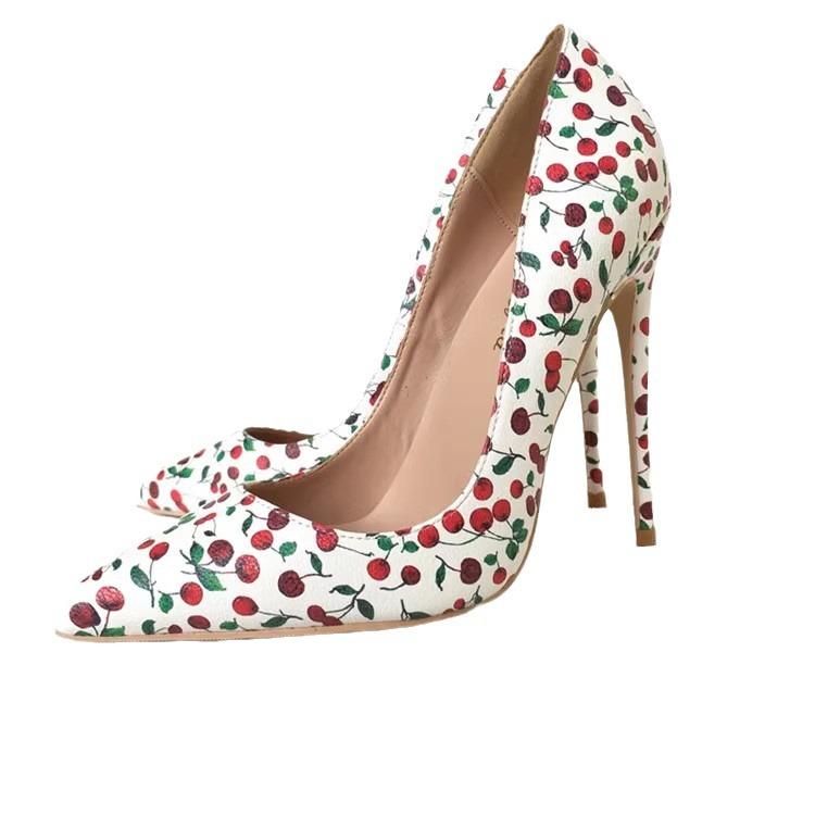 2025 новая женская обувь с вишневым узором, французские туфли на высоком каблуке 10 см, тонкий каблук, из мягкой кожи, с мелким вырезом, остроносые одинарные туфли