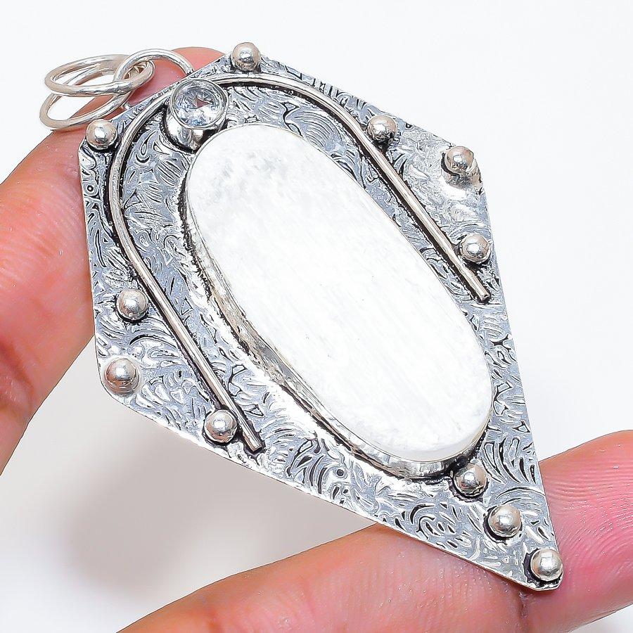 Natural Selenite, Topaz Gemstone 925 Sterling Silver Jewelry Pendant 3.07" ZS-793