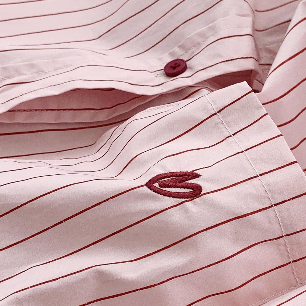 Women's Pink Pinstripe Embroidered Polo Collar Long Sleeve Shirt - Korean Spring Design