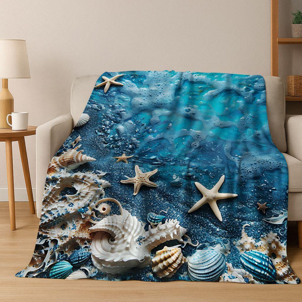 Плед Фланелевый Звезда Морская Ракушка Тропический Пляж Звезда Морская Арт, Уютный Мягкий Плед для Дома Спальни Кровати Дивана, Подарок