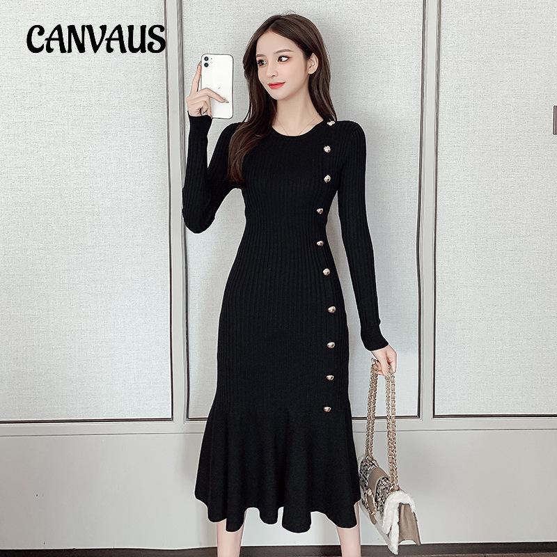 Осеннее женское платье-хепберн с круглым вырезом и талией, трикотажное платье-рыбий хвост
