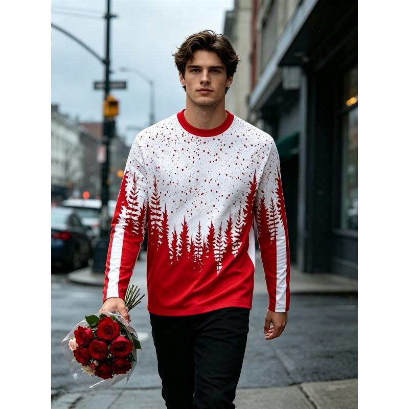 Men's Christmas Tree Long Sleeve T-Shirt Striped Red Green Graphic Tee Xmas Holiday Pullover Tops Gift New 2026 Fashion Hot