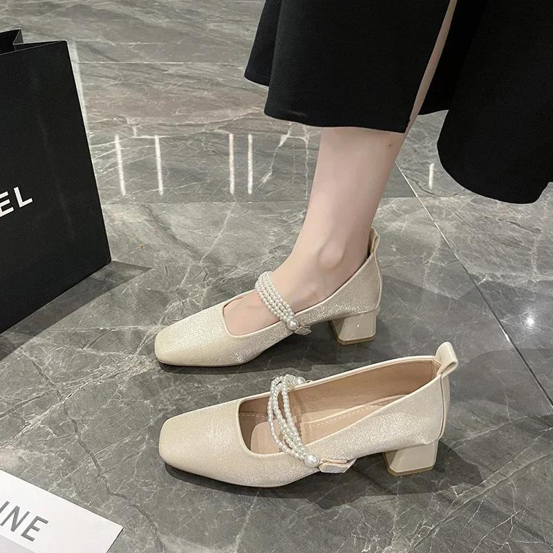 2024 Женские туфли Мэри Джейн Модные туфли на низком каблуке без застежки Женские элегантные гладиаторские туфли на высоком каблуке для улицы