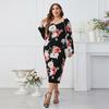 Women's Vintage Long Sleeve Dresses Square Neck Plus Size for Female Slim Bodycon Dress Fashion Flower Printing Dress Elegant Party Dress