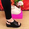 2024 Summer New Real Soft Leather Slope Heel Cool Slippers Women Wear Fashion Internet Celebrity Muffin Thick Bottom One Word Cool Slippers