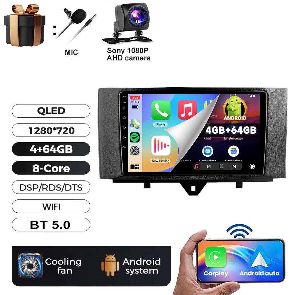 Android 16 Video Player For Mercedes Benz Smart Fortwo 451 2010-2015 Multimedia Car Radio Carplay Qualcomm RDS Stereo 5G WIFI BT