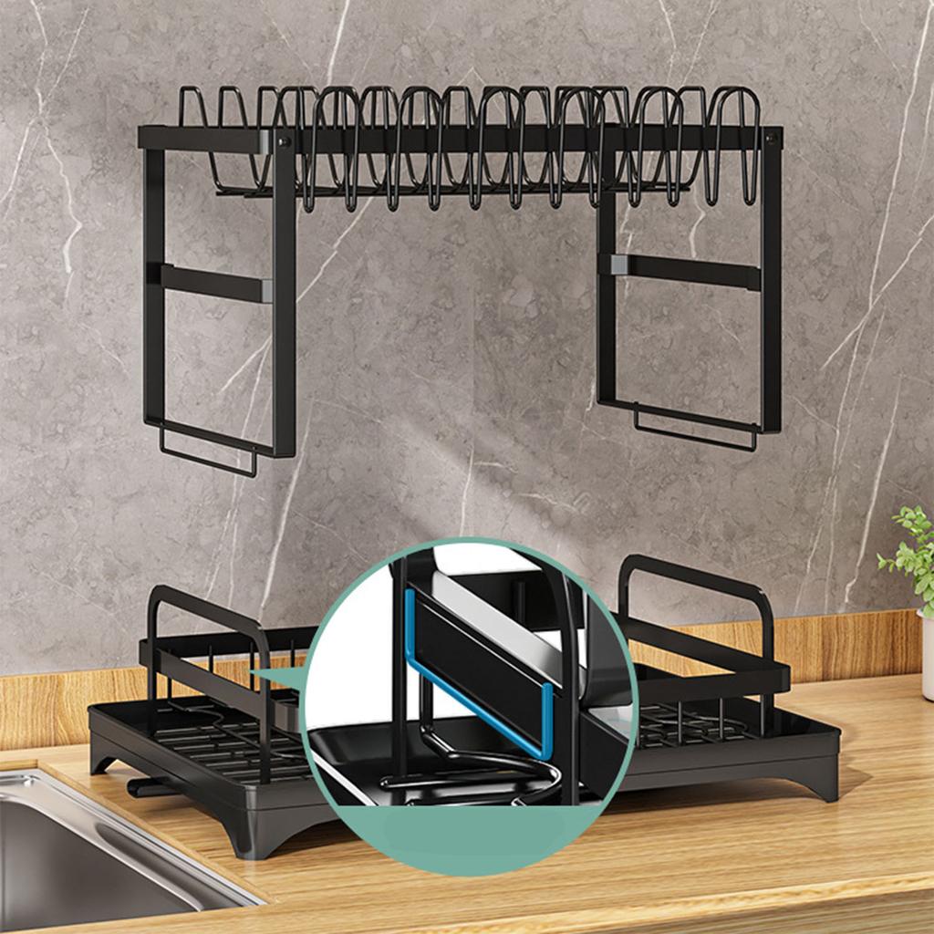Dish Drying Rack for Countertop Aluminum 2 Tier Dish Rack with Drainboard and Utensil Holder for Kitchen Organization