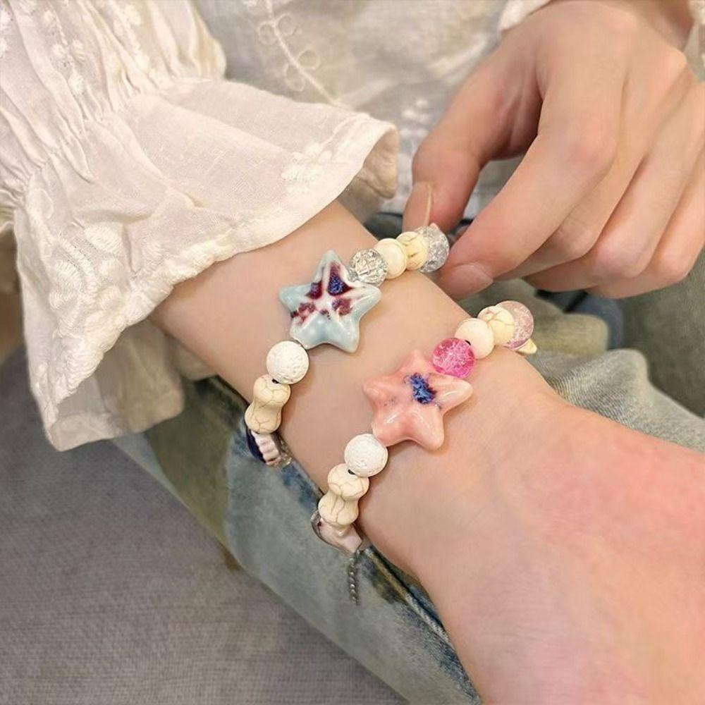 Y2K Colorful Beaded Bracelets Pink Blue Beaded Bangle Cute Starfish Bracelet Marine Accessories