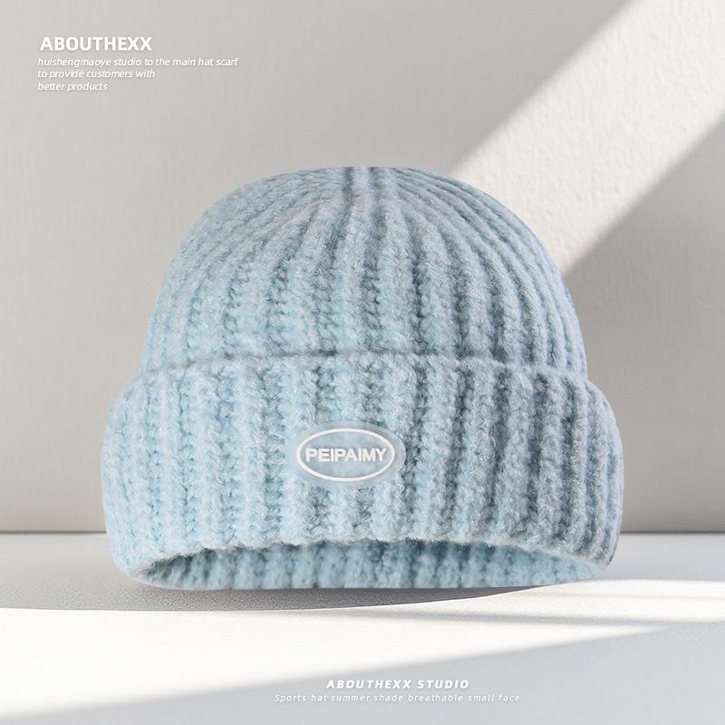Glue Label Letter Knitted Hat Student Couple Big Head Circumference Showing Face Small Pullover Hat Men Cold Hat