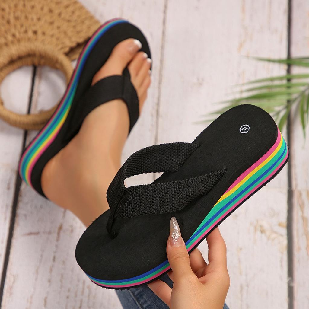 Fashion Women's Rainbow Color Platform Flip Flops Summer Thick Sole Lightweight Slip-On Wedges Sandals Girls Beach Thongs Slippers