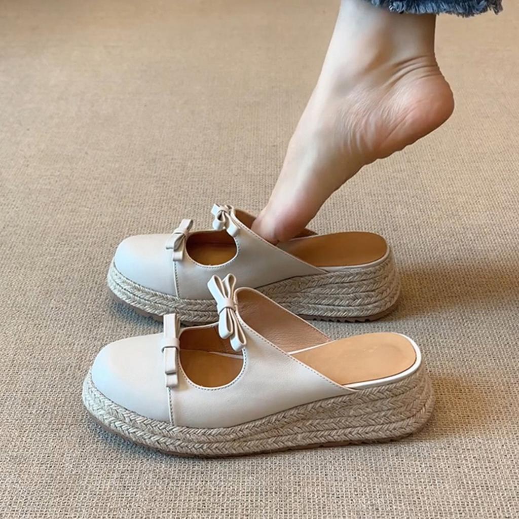 Ретро соломенные плетеные на толстой подошве увеличивающие рост туфли-рыбаки женские с круглым носком, неглубоким вырезом, перемычкой с бантом и закрытой пяткой