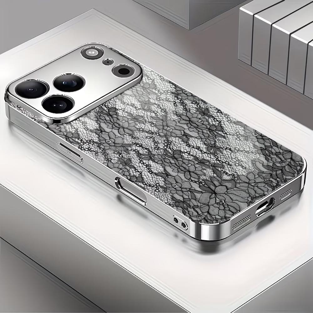 Черный чехол с цветочным кружевным принтом для мобильных телефонов iPhone 17 Pro Max, стеклянная крышка для iPhone 17 16 15 14 13 12 11 Pro Plus