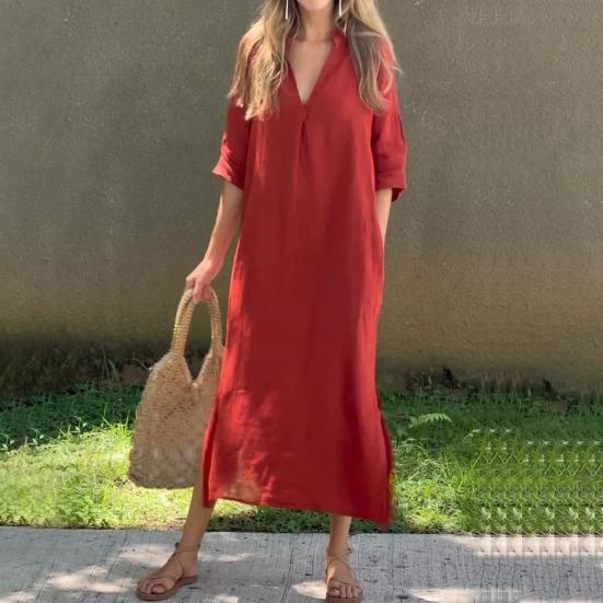 Летнее платье с рукавами три четверти, разрезами по бокам, свободным V-образным вырезом, платье миди