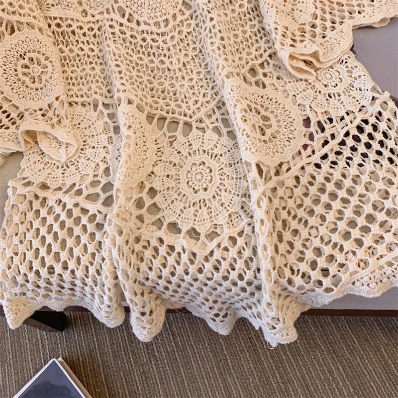 DIMANAF 2025 Новая футболка Женская Вязание Кружево Длинная Пляжная Праздничная Ажурная Летний Базовый Топ Футболка Свободная Одежда