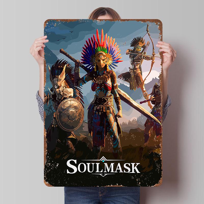 Игровые Воины Soulmask Металлическая Табличка Постер Индивидуальное Настенное Искусство Ретро Винтажные Металлические Знаки для Мужской Комнаты Кофейни Аксессуары Декор