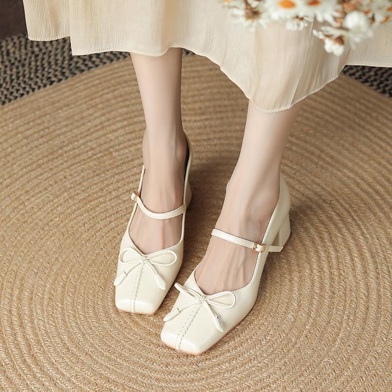 Shallow Mouth Mary Jane Shoes Female Bowknot Thick Heel Solid Color Square Toe Single Shoes High Heels All-match Autumntime