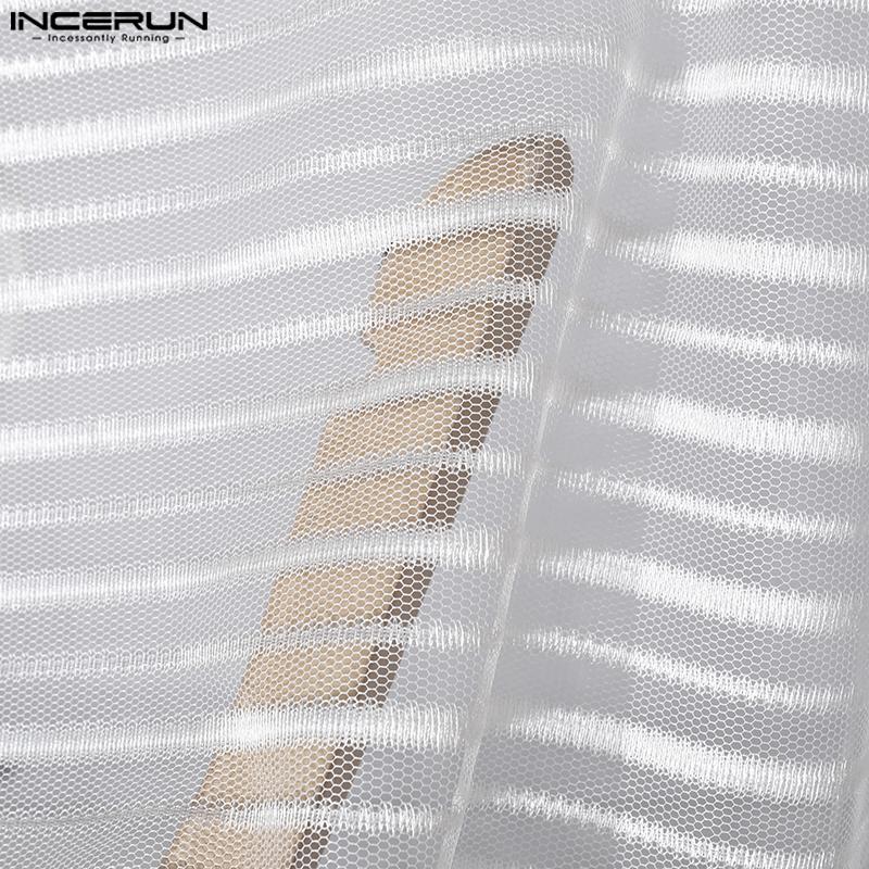 INCERUN Мужские рубашки с длинными рукавами и V-образным вырезом, сетчатые прозрачные полосатые топы